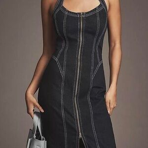 Anthropologie Zip-Front Denim Halter Dress